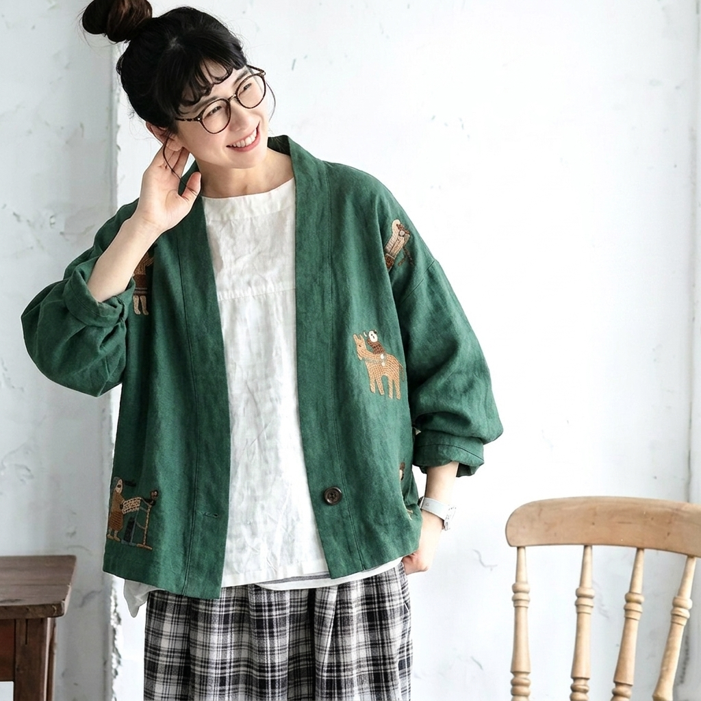 M-3XL 綿麻 柔らかい肌触り 刺繍 ボタン レトロ カーディガン M ナチュラル