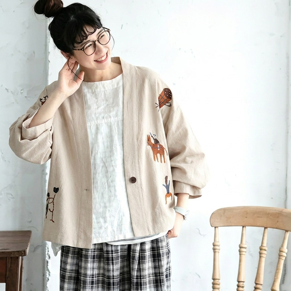 M-3XL 綿麻 柔らかい肌触り 刺繍 ボタン レトロ カーディガン 3XL ナチュラル