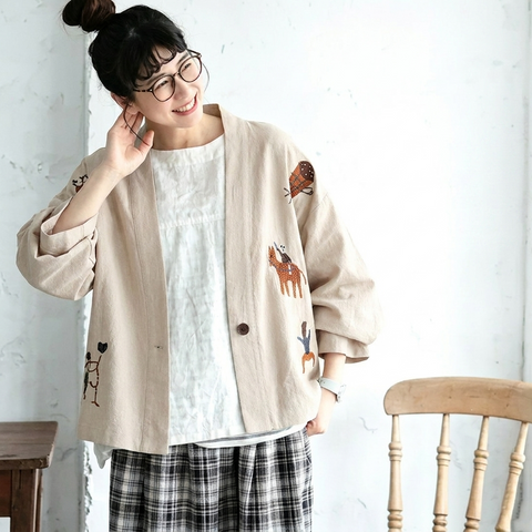 M-3XL 綿麻 柔らかい肌触り 刺繍 ボタン レトロ カーディガン 3XL ナチュラル