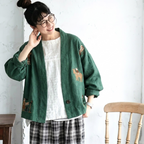 M-3XL 綿麻 柔らかい肌触り 刺繍 ボタン レトロ カーディガン 3XL グリーン