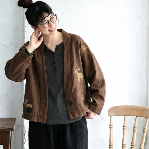M-3XL 綿麻 柔らかい肌触り 刺繍 ボタン レトロ カーディガン 3XL コーヒー