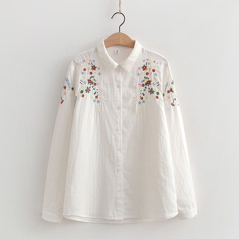 M-L 刺繍 スウィート シングルブレスト 折り襟 長袖 シャツ L ホワイト