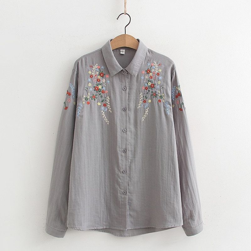M-L 刺繍 スウィート シングルブレスト 折り襟 長袖 シャツ L グレー