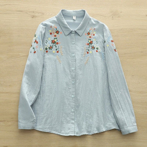 M-L 刺繍 スウィート シングルブレスト 折り襟 長袖 シャツ L ブルー