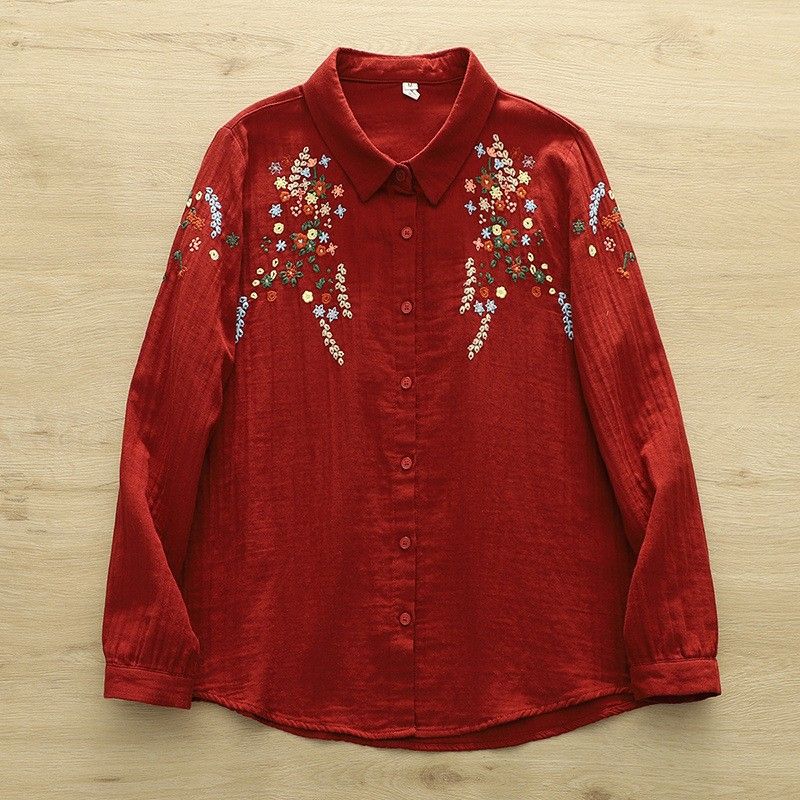 M-L 刺繍 スウィート シングルブレスト 折り襟 長袖 シャツ L レッド