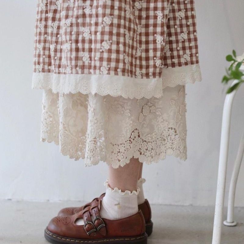 【コットン】F 無地 ハイウエスト ロング丈 レース 刺繍 森ガール レギンス パンツ フリー アイボリー