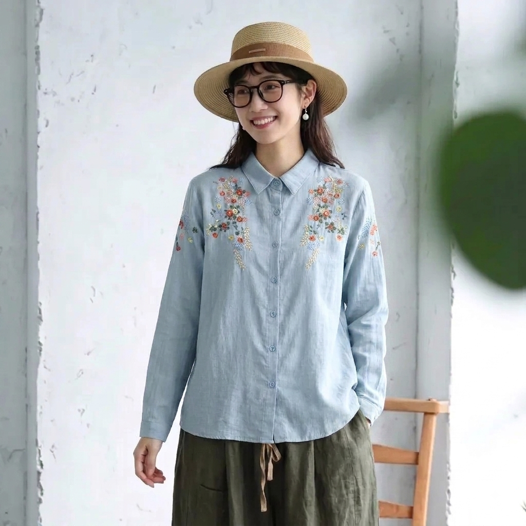 M-L 刺繍 スウィート シングルブレスト 折り襟 長袖 シャツ M ホワイト
