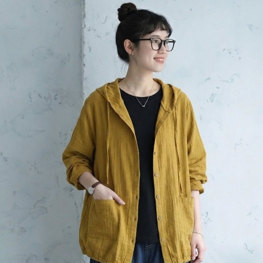 【コットン】XL-5XL 無地 ナチュラル ボタン フード付き 長袖 シャツ XL ピンク