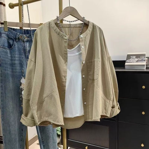 M-3XL 上品見え 通気性良い ナチュラル 長袖 シャツ M カーキ