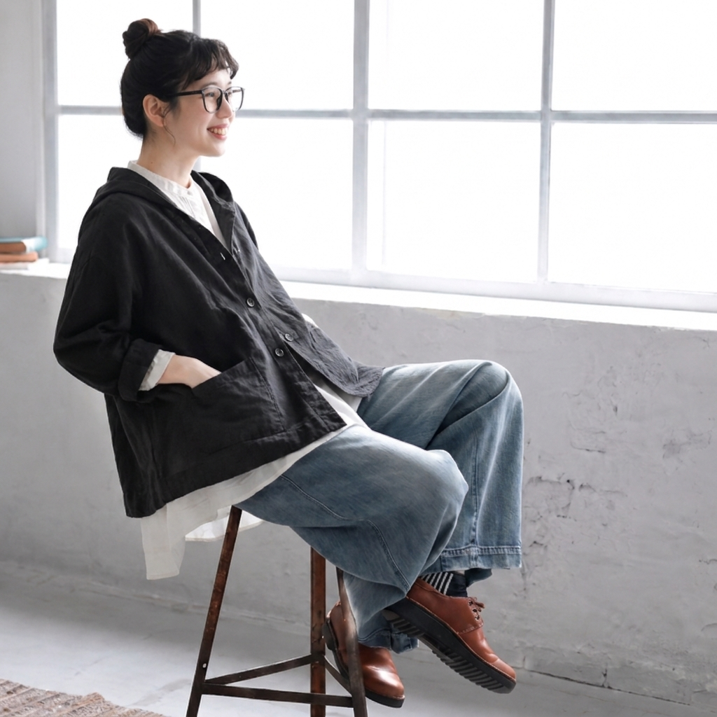 M-3XL 綿麻 フード付き レトロ シンプル ジャケット 3XL ブラック