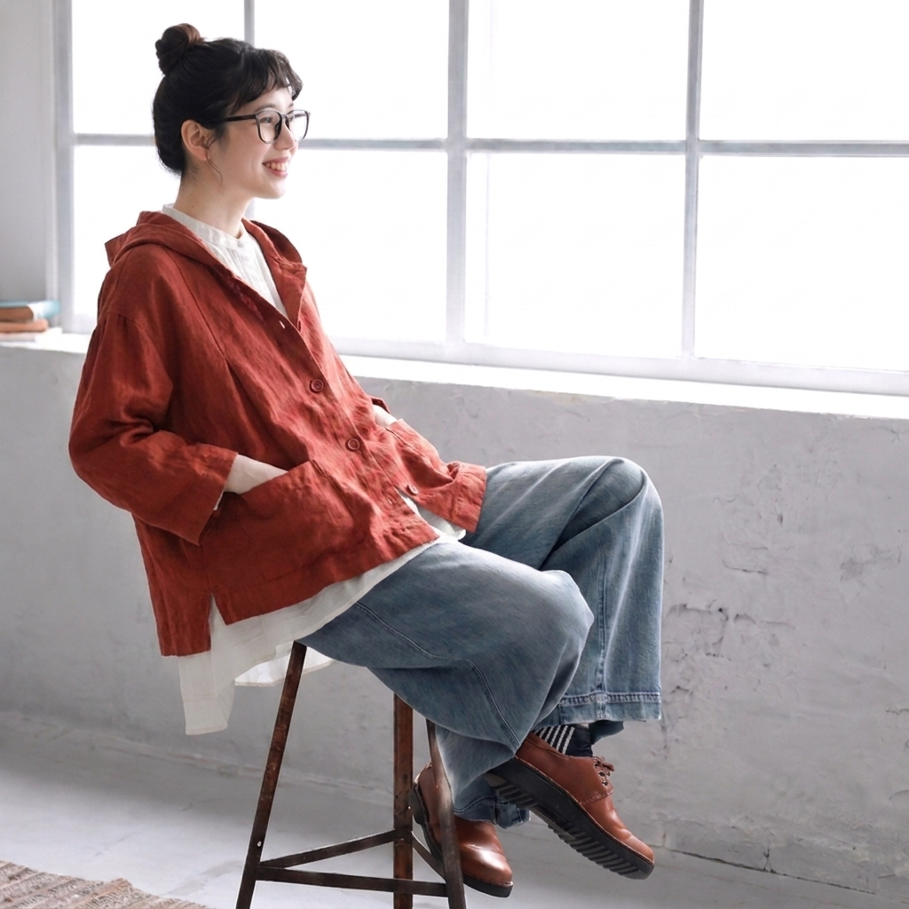 M-3XL 綿麻 フード付き レトロ シンプル ジャケット 3XL レッド