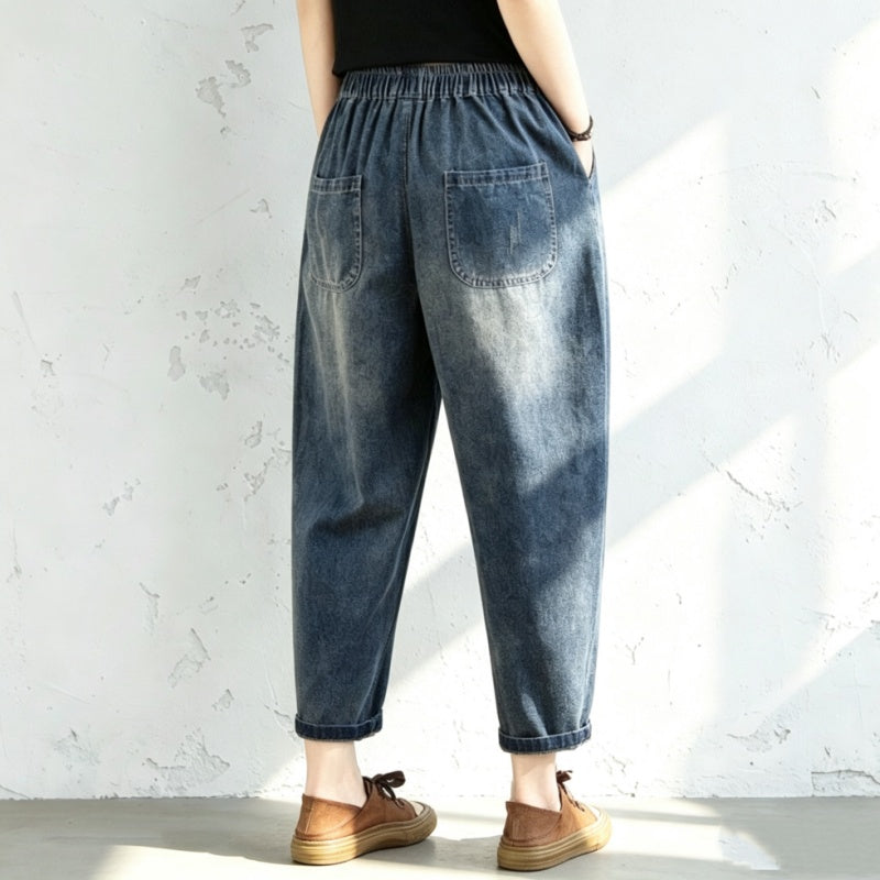 M-2XL ヴィンテージ加工 刺繍 ハイウエスト デニム アンクル丈（9分丈） ジーンズ M レトロブルー (九分丈)