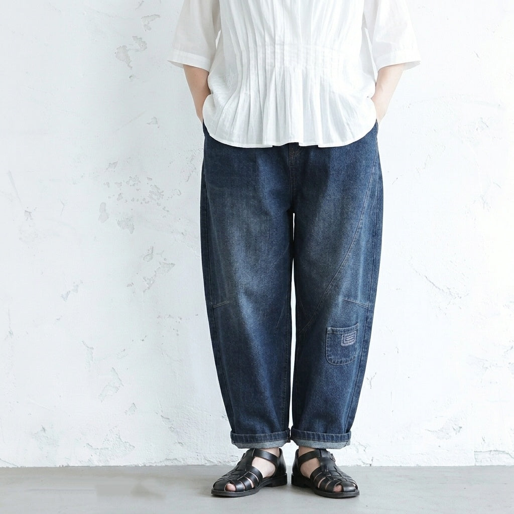 M-2XL ヴィンテージ加工 刺繍 ハイウエスト デニム アンクル丈（9分丈） ジーンズ M レトロブルー (九分丈)
