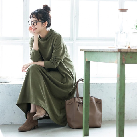 M-2XL 無地 ポケット付き ビックシルエッ シンプル 長袖ワンピース M ブラック