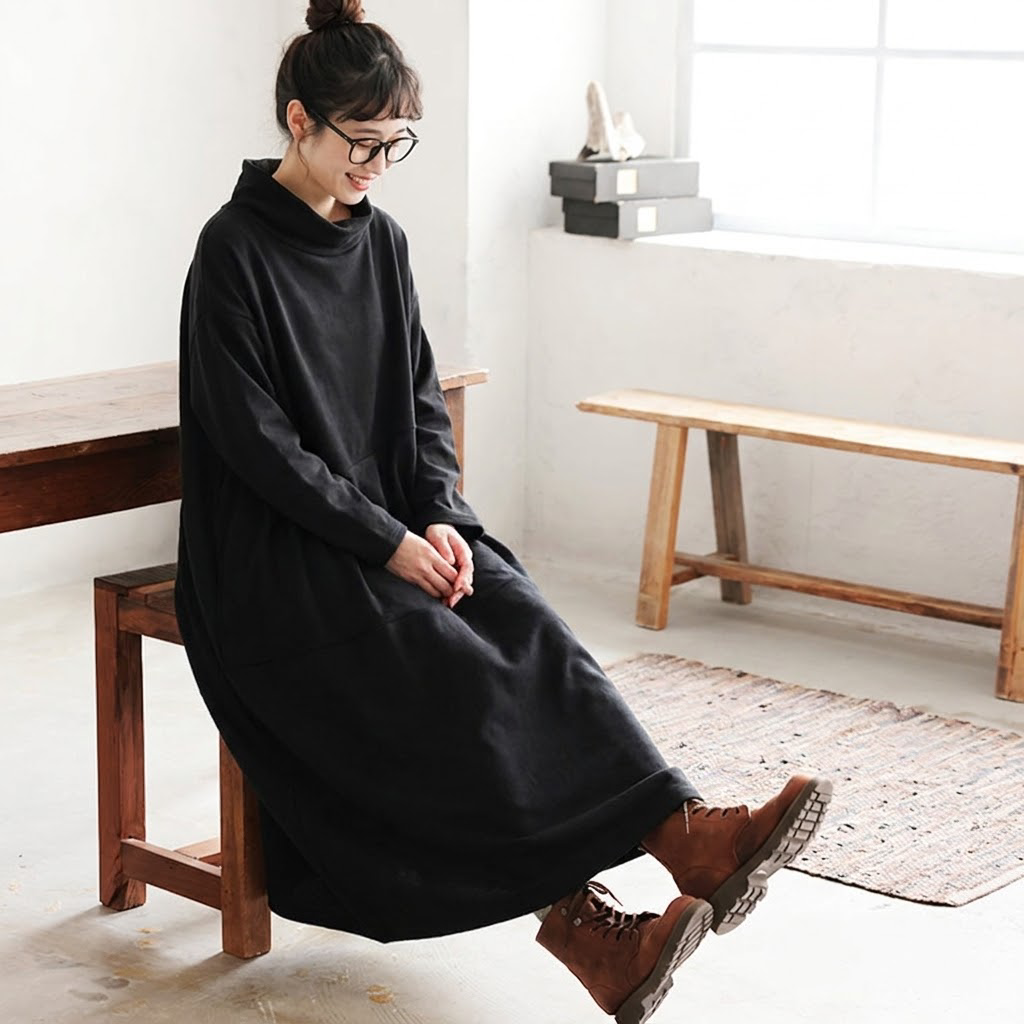 M-2XL 無地 ポケット付き ビックシルエッ シンプル 長袖ワンピース M ブラック
