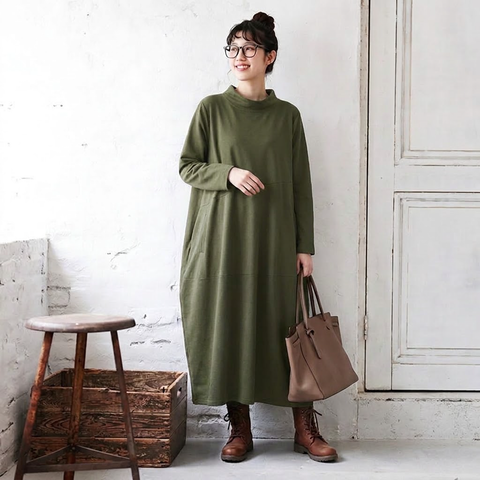 M-2XL 無地 ポケット付き ビックシルエッ シンプル 長袖ワンピース M ブラック