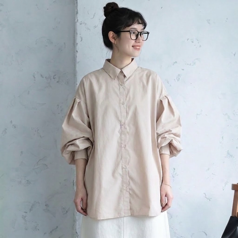 M-L 甘すぎない ふんわり袖の大人シャツ L ベージュ