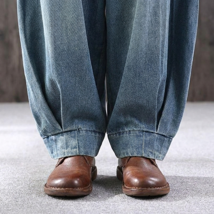 M-3XL 体型をカバー ロング丈 レトロ ワイドパンツ デニムパンツ M ブルー