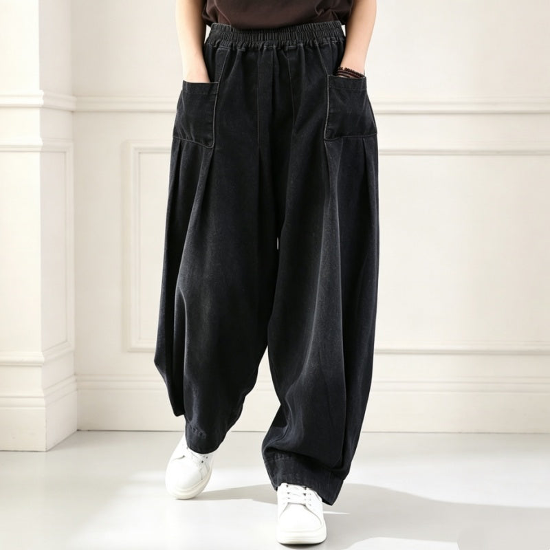 M-3XL 体型をカバー ロング丈 レトロ ワイドパンツ デニムパンツ M ブルー