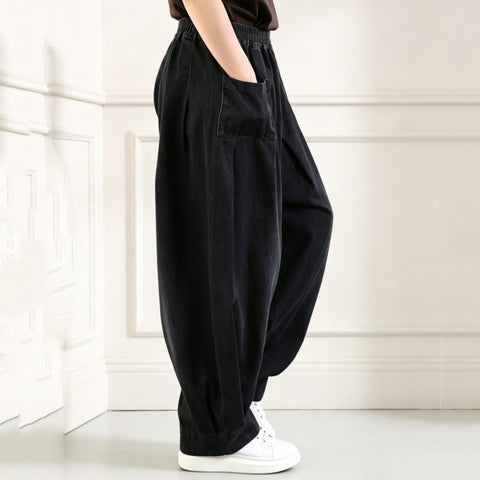M-3XL 体型をカバー ロング丈 レトロ ワイドパンツ デニムパンツ M ブルー