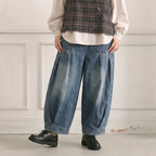 M-3XL 体型をカバー ロング丈 レトロ ワイドパンツ デニムパンツ 3XL ブルー