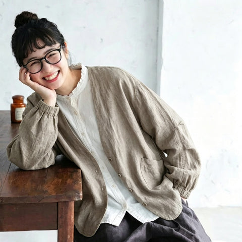M-2XL コットンリネン 朝晩の肌寒さに カーディガン M ピンク