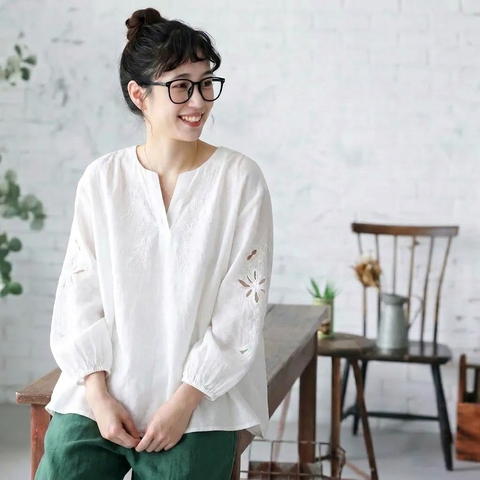 M-2XL リネン カットワーク 刺繍 シンプル シャツ 2XL ホワイト