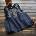 M-3XL 綿麻 ウンドネック 刺繍 ノーマルスリーブ 長袖 フェミニン シャツ M ネイビー