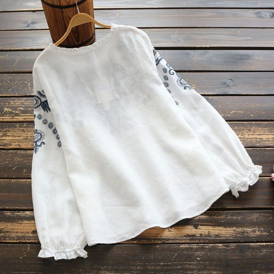 M-3XL 綿麻 ウンドネック 刺繍 ノーマルスリーブ 長袖 フェミニン シャツ M ネイビー