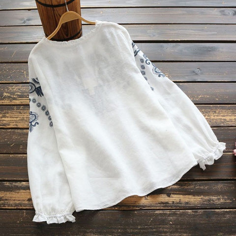M-3XL 綿麻 ウンドネック 刺繍 ノーマルスリーブ 長袖 フェミニン シャツ M ネイビー