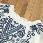 M-3XL 綿麻 ウンドネック 刺繍 ノーマルスリーブ 長袖 フェミニン シャツ M ネイビー