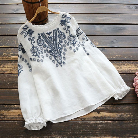 M-3XL 綿麻 ウンドネック 刺繍 ノーマルスリーブ 長袖 フェミニン シャツ 3XL ホワイト