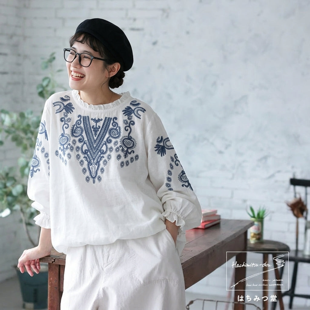 M-3XL 綿麻 ウンドネック 刺繍 ノーマルスリーブ 長袖 フェミニン シャツ M ネイビー