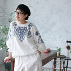 M-3XL 綿麻 ウンドネック 刺繍 ノーマルスリーブ 長袖 フェミニン シャツ M ネイビー