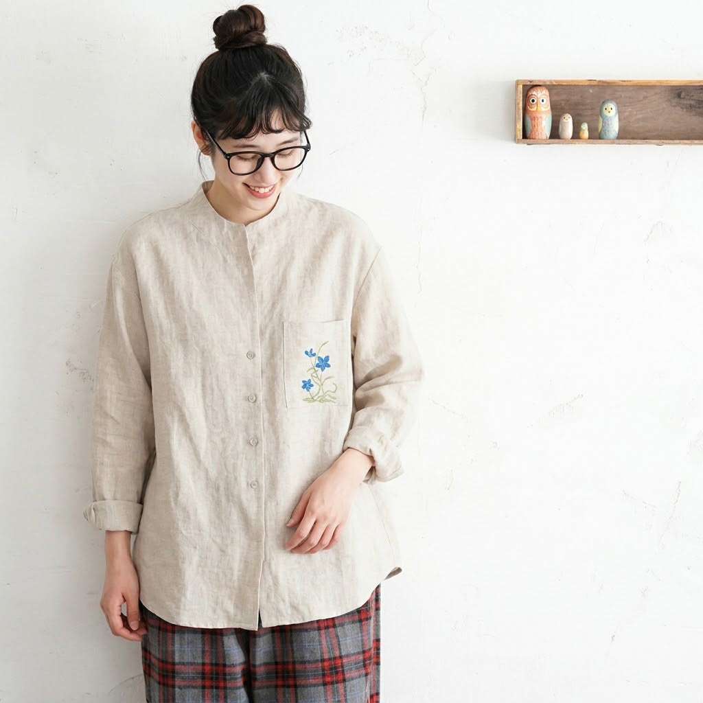 M-2XL No.1 人気商品 レトロ 刺繍 ボタン 長袖 シャツ M リネン