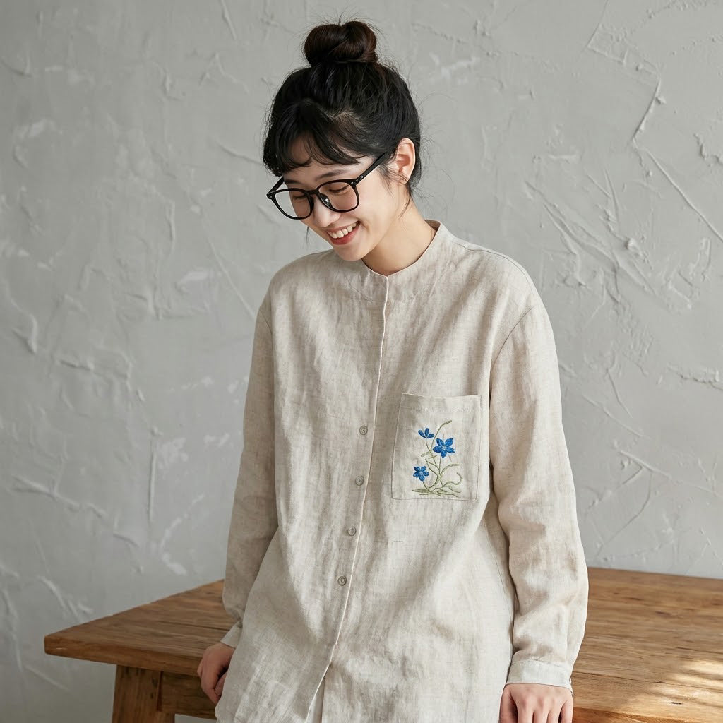 M-2XL No.1 人気商品 レトロ 刺繍 ボタン 長袖 シャツ 2XL リネン