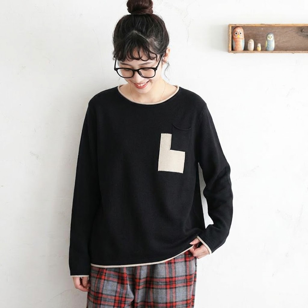 人気商品 切り替え 配色 体型をカバー 長袖 ファッション Tシャツ フリー ブラック