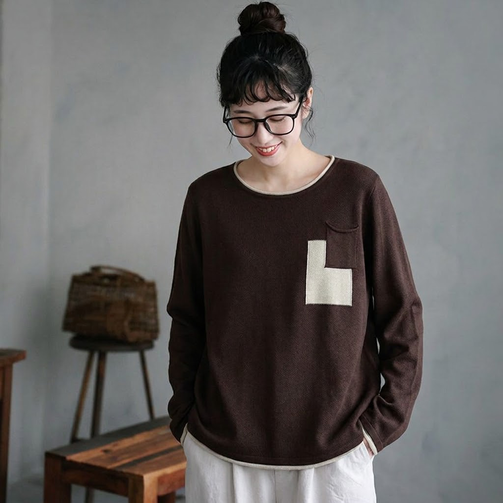 人気商品 切り替え 配色 体型をカバー 長袖 ファッション Tシャツ フリー ダークブラウン