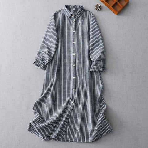 M-2XL レトロ ポロ襟 ストライプ柄 ロング丈 ゆったり 着回し シャツワンピース M ブルー