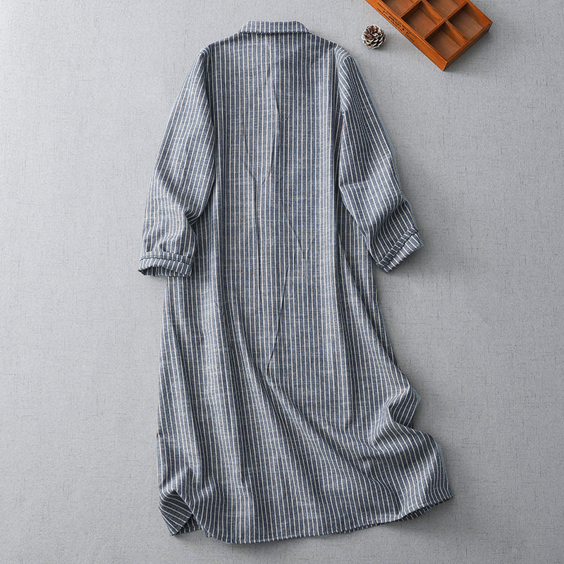 M-2XL レトロ ポロ襟 ストライプ柄 ロング丈 ゆったり 着回し シャツワンピース M ブルー