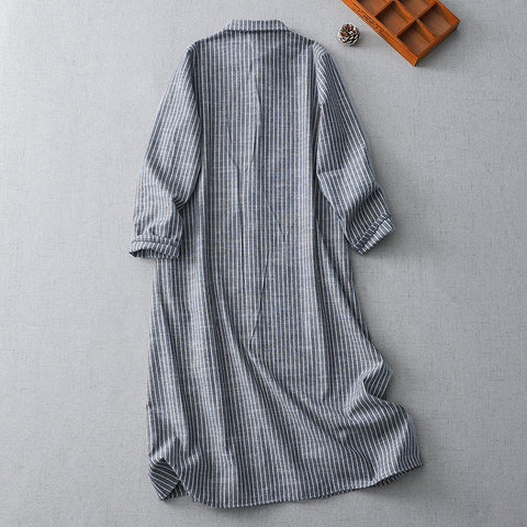 M-2XL レトロ ポロ襟 ストライプ柄 ロング丈 ゆったり 着回し シャツワンピース M ブルー