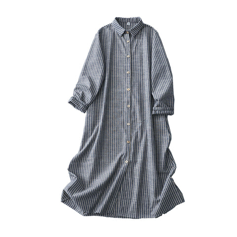 M-2XL レトロ ポロ襟 ストライプ柄 ロング丈 ゆったり 着回し シャツワンピース M ブルー