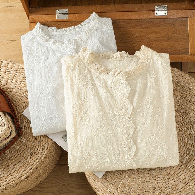 季節の変わり目【コットン】M-2XL  気分転換 刺繍 花模様 柔らかい 長袖 ナチュラル シャツ M ベージュ