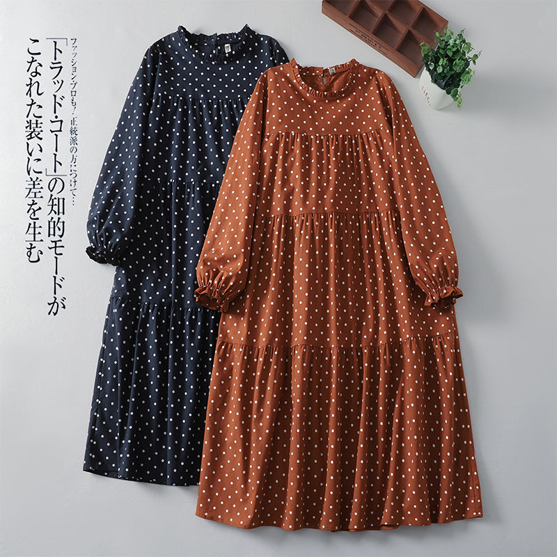 【ナチュラル】M-2XL ドット柄 柔らかい フェミニン 長袖 カジュアルワンピース M オレンジ