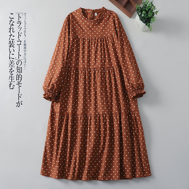 【ナチュラル】M-2XL ドット柄 柔らかい フェミニン 長袖 カジュアルワンピース M オレンジ