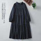 【ナチュラル】M-2XL ドット柄 柔らかい フェミニン 長袖 カジュアルワンピース M オレンジ
