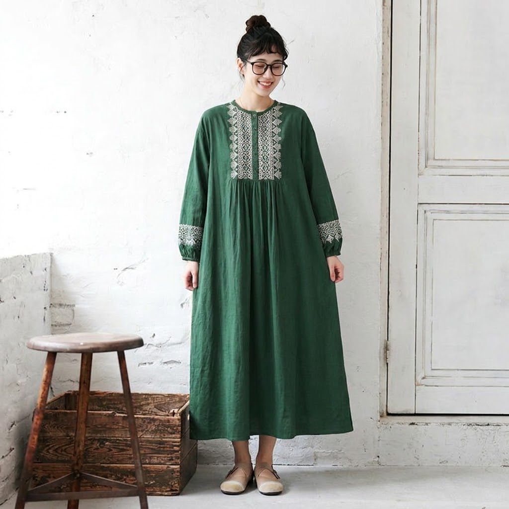 M-2XL カジュアル 配色 刺繍 長袖 ラウンドネック 体型をカバー ワンピース M アイボリー