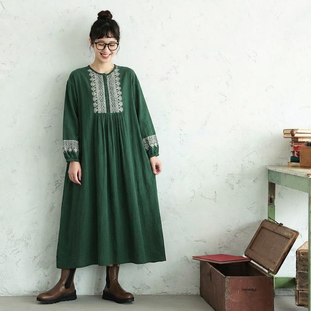 M-2XL カジュアル 配色 刺繍 長袖 ラウンドネック 体型をカバー ワンピース M アイボリー