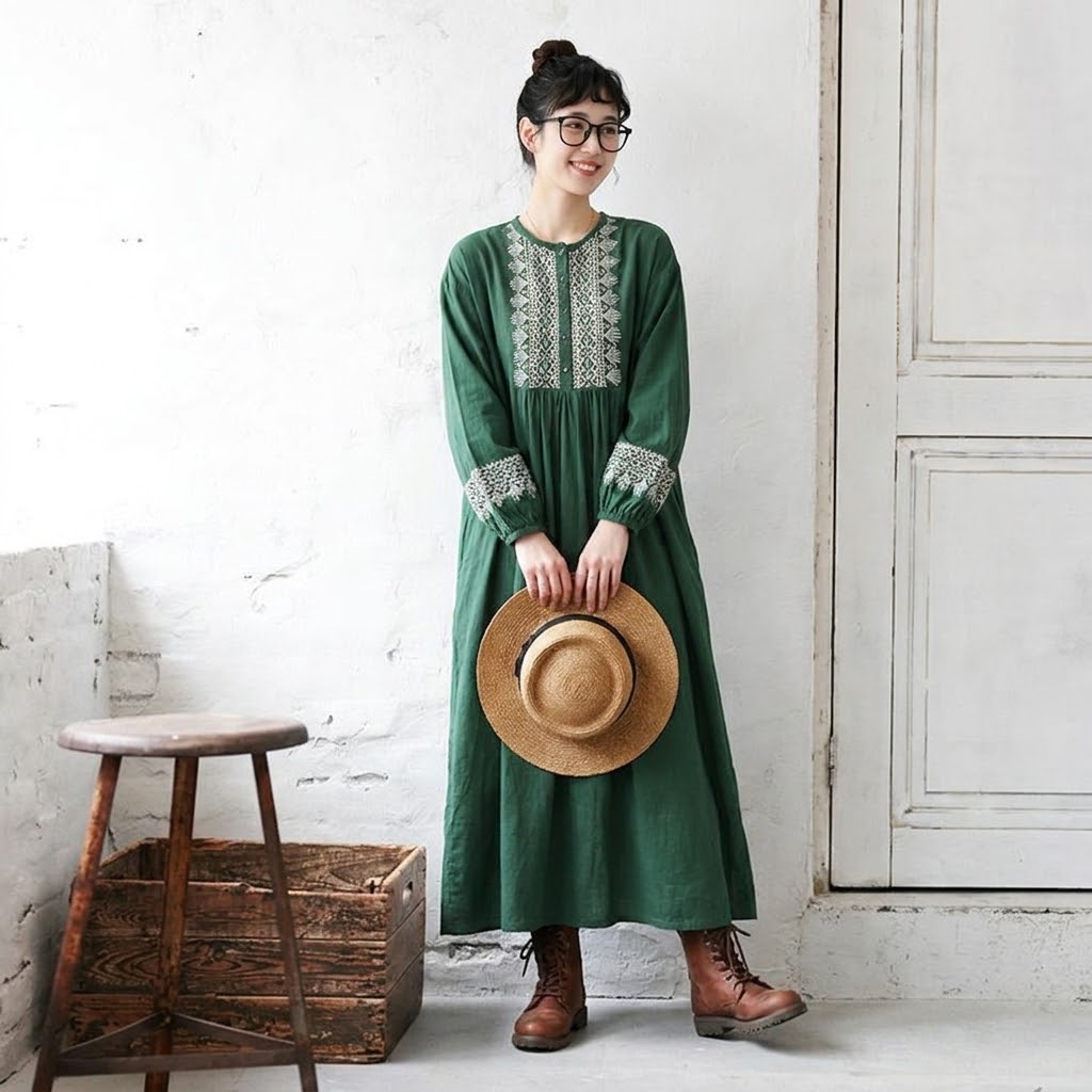 M-2XL カジュアル 配色 刺繍 長袖 ラウンドネック 体型をカバー ワンピース 2XL グリーン