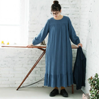 S-5XL 森ガール レトロ 無地 スリム効果 長袖 ランタンスリーブ ワンピース 5XL ブルー